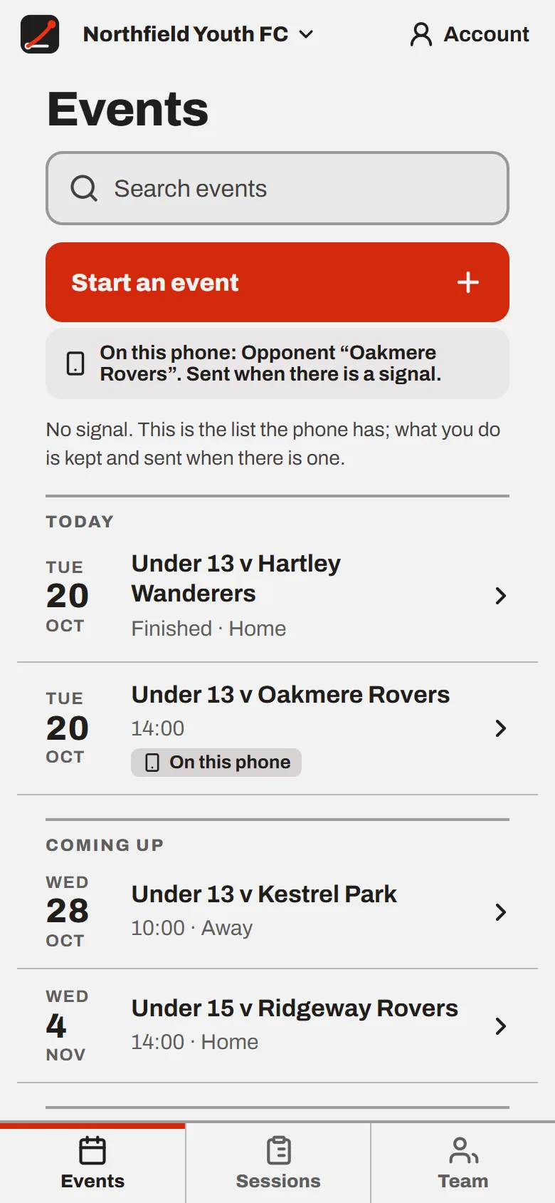 The phone app working with no signal, with a change queued to send when the network returns (demo data)