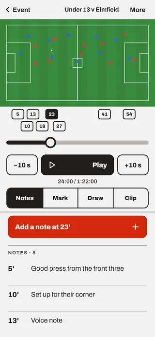 Video review on a phone: the match picture, a scrubber with the coach's notes along it, and the notes listed below