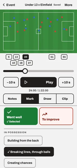 The Mark screen on a phone: a paused frame, Went well and To improve buttons, and the kinds of moment to choose from