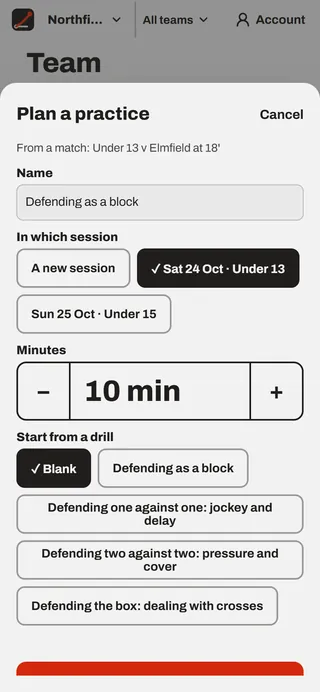 The Plan a practice sheet on a phone, building a practice from a moment marked in a match